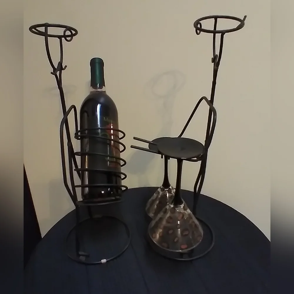MCM Metal Wire Frenchman Sculpture Wine and Glass Bottle Holder Set